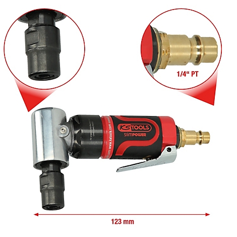 Winkelschleifer mit Details. Zwei Kreise zeigen Details: Kopf und Luftanschluss. Das Werkzeug ist rot, schwarz und silber.